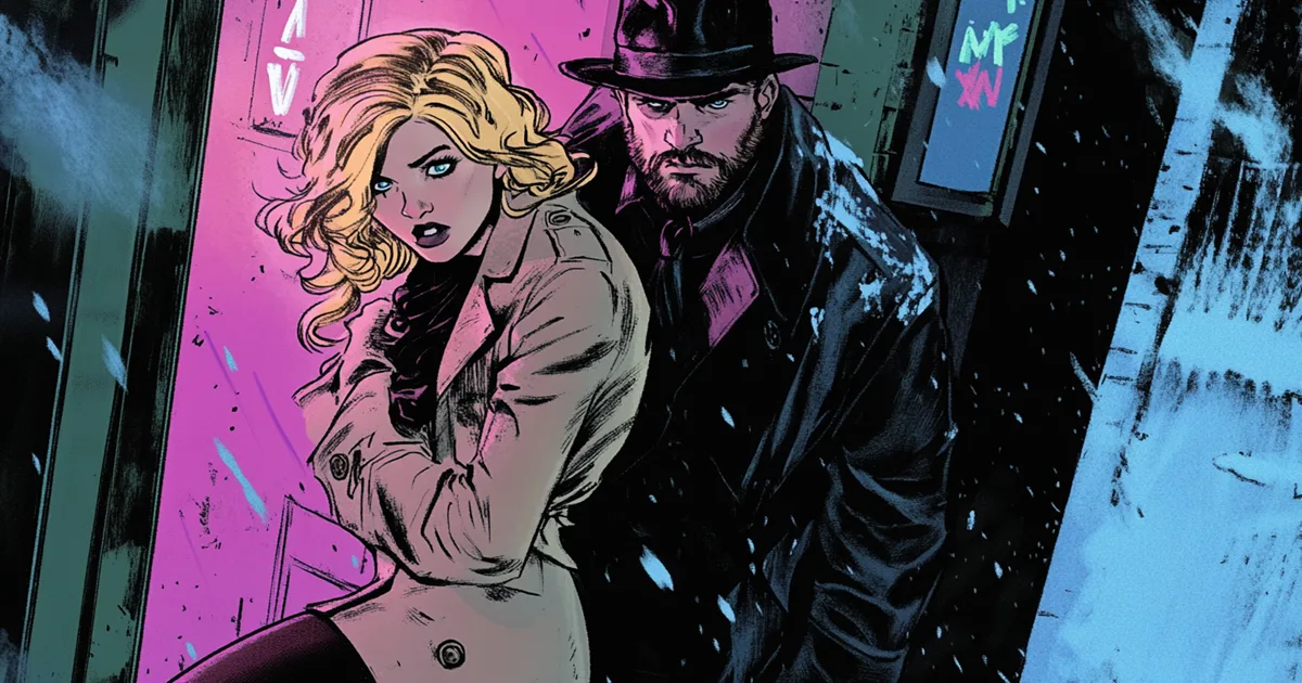 Comic-Szene im stilisierten „Tank Girl“-Look von Brett Parson. Eine blonde Frau in beigefarbenem Trenchcoat, kurzem Rock und schwarzem Pullover und Schal steht erschrocken in einem Hauseingang mit Neonlicht. Hinter ihr ein großer, muskulöser Mann mit Irokesen-Haarschnitt, Vollbart, schwarzem Mantel und Fedora-Hut, der sich dicht an sie drängt. Seine Hand greift nach ihrem Schal. Die Szene spielt im Schnee, mit dramatischer Beleuchtung und intensiven Schatten. Das Bild ist das Beitragsbild zur Sexgeschichte „Vergewaltigungs-Fantasy als Rollenspiel“ auf ben-wilder.de und visualisiert das erotische Rollenspiel im Hauseingang als dunkle Fantasie.