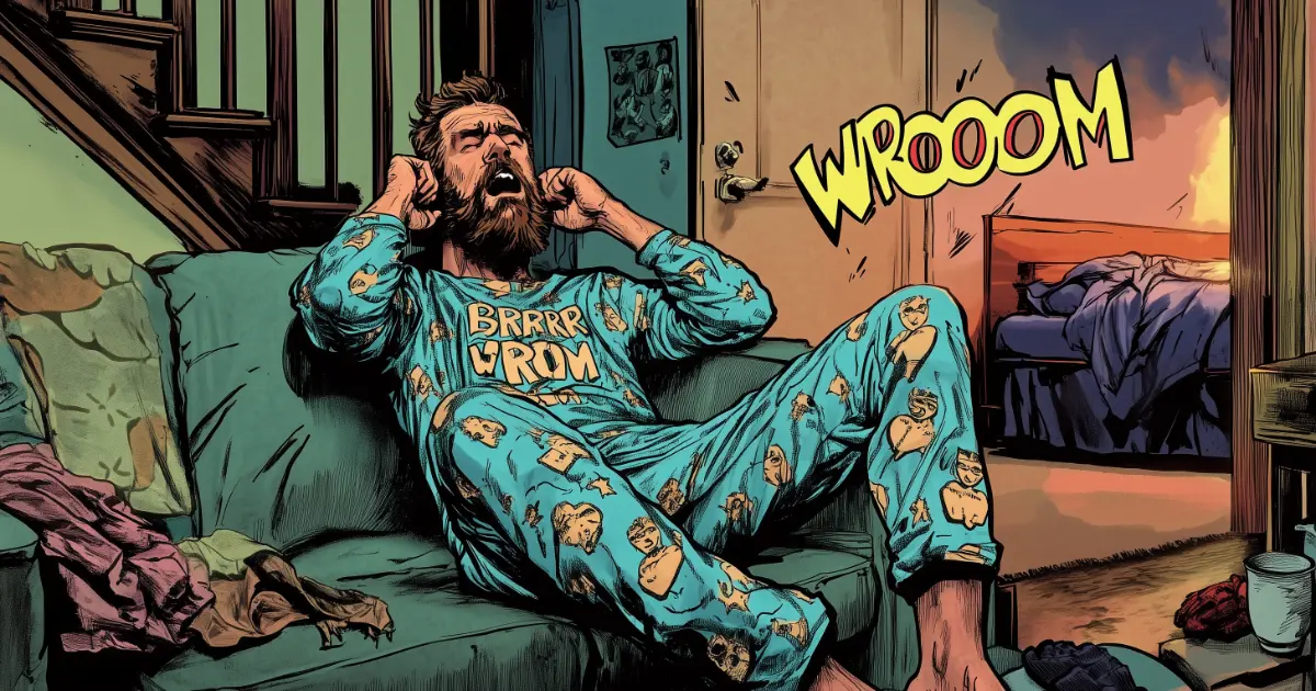 Comic-Stil Illustration im wilden „Tank Girl“-Look: Ein tätowierter, bärtiger Mann sitzt im knallbunten Pyjama auf einer durchgesessenen Couch und hält sich genervt die Ohren zu. Sein Pyjama ist überzogen mit schreiend bunten Katzenmotiven und Schriftzügen wie „BRRRR“ und „WROOM“. Im Hintergrund sieht man eine Treppe und eine geschlossene Zimmertür, hinter der es laut ist – angedeutet durch quietschbunte Comic-Soundwords. Durch das Fenster schimmert das Morgenlicht. Der Gesichtsausdruck des Mannes ist herrlich übertrieben genervt – eine Szene wie aus einer wilden Cartoon-Serie. Das Bild ist das Beitragsbild zur Sexgeschichte „How I Met Pretty Woman“ auf www.ben-wilder.de – eine humorvoll-erotische Geschichte über heiße Nachbarschaft, überraschende Begegnungen, flirty Chaos im Alltag und Sex mit der Nachbarin.