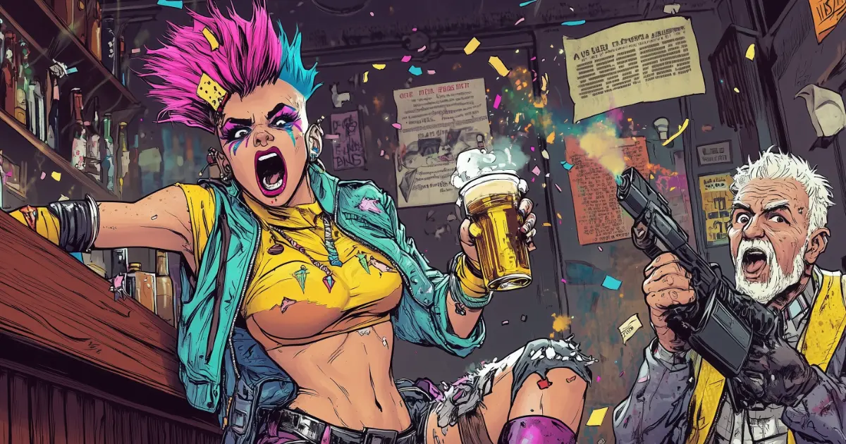 Eine wild geschminkte, bauchfreie Punkerin mit pink-blauem Irokesen und knalligem Outfit steht auf einem Tresen in einer Bar, in der einen Hand ein Bierglas, im Gesicht ein wütender Schrei. Neben ihr ein älterer, weißhaariger Mann im Anzug, der mit ernster Miene eine Maschinenpistole hält, aus der buntes Konfetti sprüht. Der Hintergrund zeigt alte Poster und chaotisches Bar-Interieur. Die Szene ist überdreht, expressiv und voller satirischer Spannung – ein Clash der Generationen im wilden Comic-Stil à la Tank Girl. Keywords: politische Korrektheit Kritik, Tagebuch Ben Wilder, Generationenkonflikt Comic, Punk Satire Illustration
