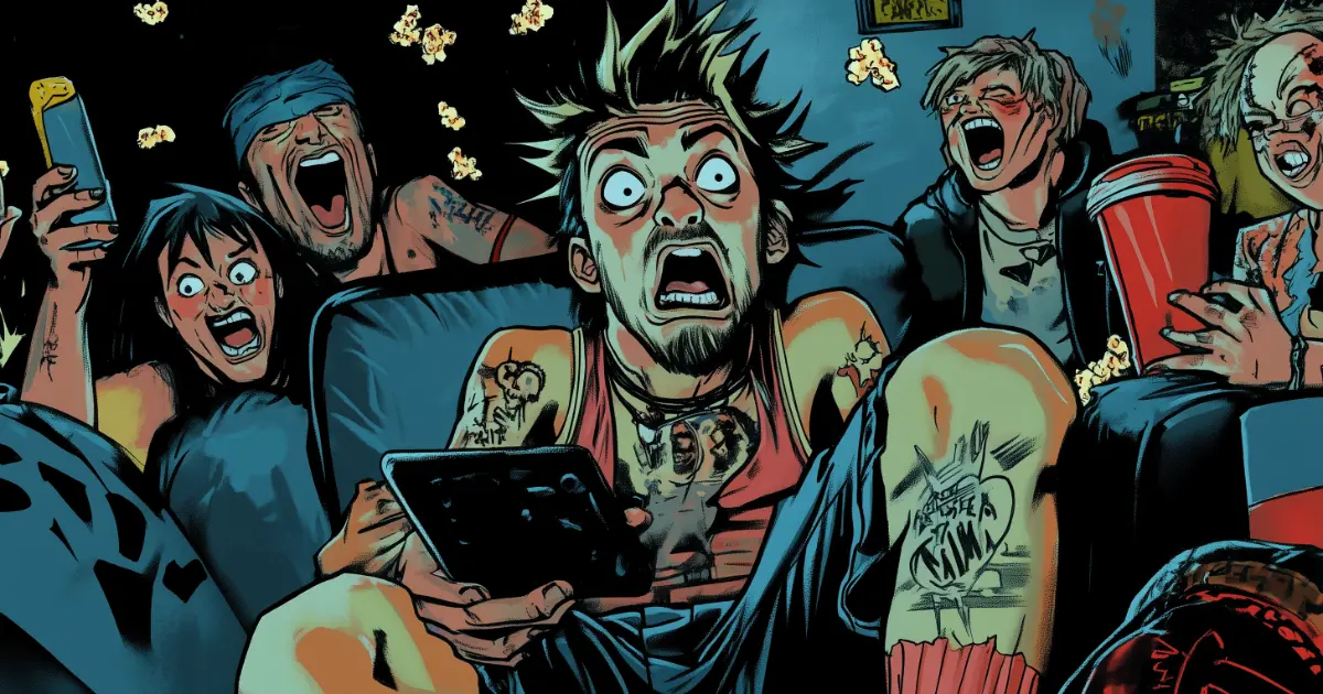 Ein junger Mann mit wildem Irokesenhaarschnitt und Tablet auf dem Schoß sitzt schockiert auf einem Sofa. Um ihn herum jubeln und lachen mehrere Leute ausgelassen, während Popcorn und Getränke durch die Luft fliegen. Die Szene ist comicartig übertrieben, voller Energie und Chaos – ein humorvolles Symbol für den Zusammenbruch überkommener Männlichkeitsbilder im Tank Girl Stil. Keywords: toxische Männlichkeit Kritik, Tagebuch Ben Wilder, Genderrollen Satire, Männerbild Gesellschaft